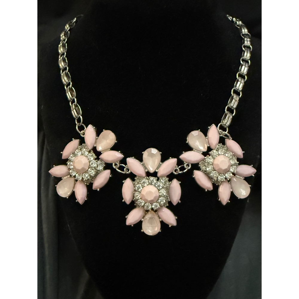 Pink Floral Statement Necklace Silver Tone Crystal Accent Resin Stone Collar